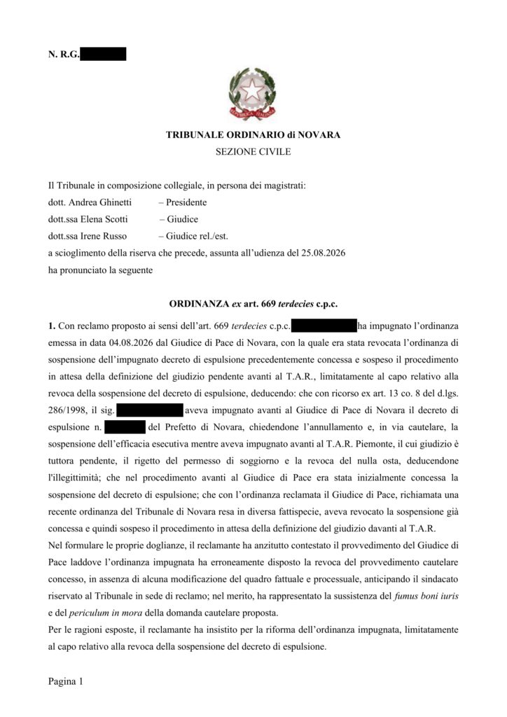 Espulsione sospesa: il Tribunale di Novara accoglie il reclamo dell’avv. Domenico Strangio del foro di Milano e ripristina la tutela cautelare.