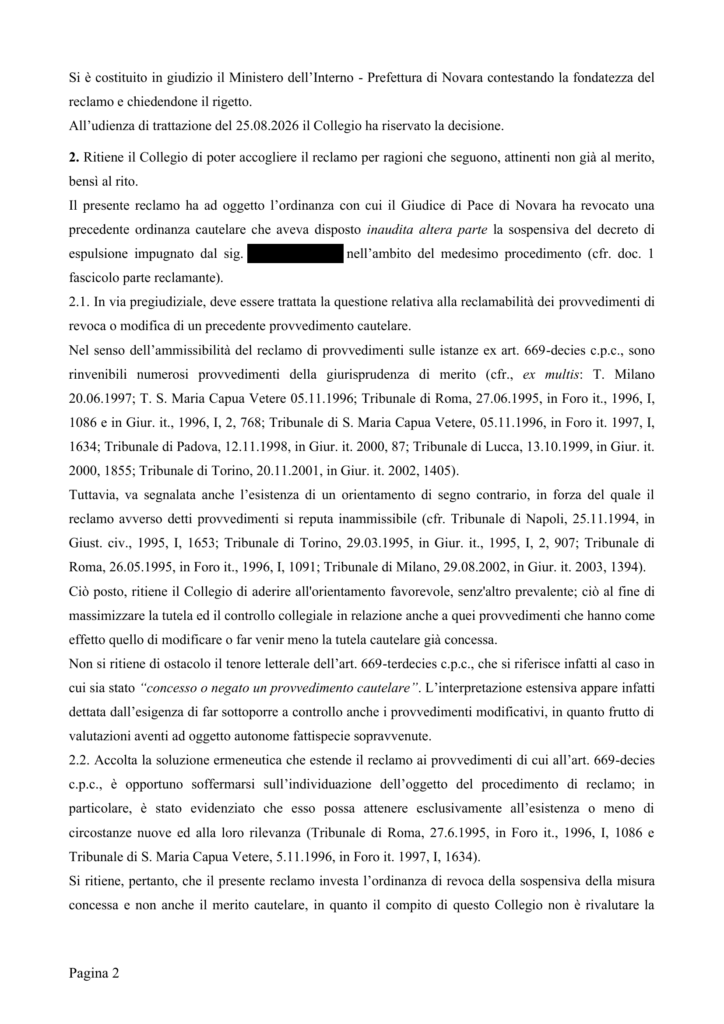 Espulsione sospesa: il Tribunale di Novara accoglie il reclamo dell’avv. Domenico Strangio del foro di Milano e ripristina la tutela cautelare.