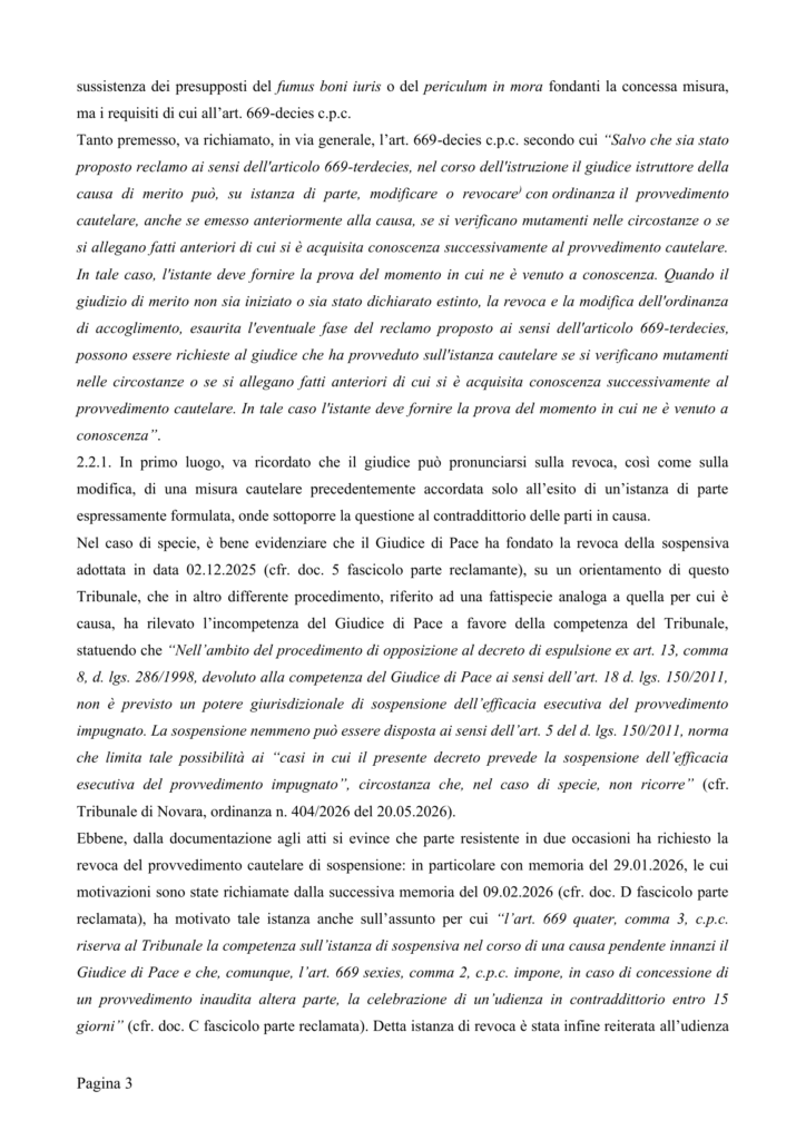 Espulsione sospesa: il Tribunale di Novara accoglie il reclamo dell’avv. Domenico Strangio del foro di Milano e ripristina la tutela cautelare.