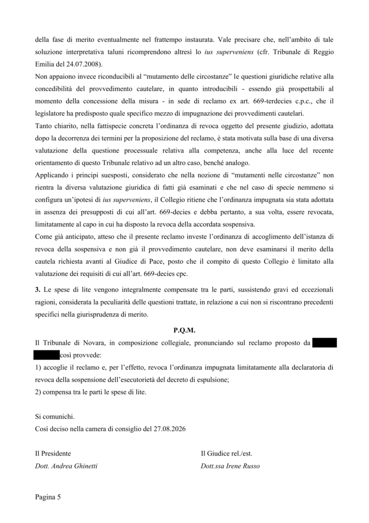 Espulsione sospesa: il Tribunale di Novara accoglie il reclamo dell’avv. Domenico Strangio del foro di Milano e ripristina la tutela cautelare.