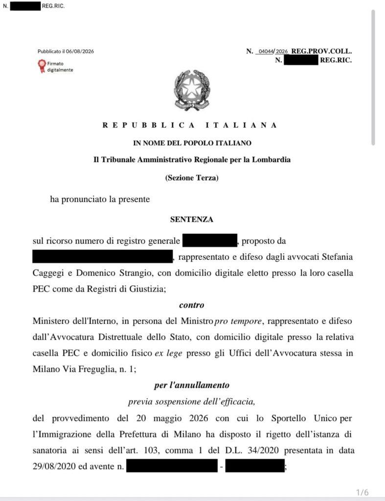 SANATORIA 2020, IMPORTANTE VITTORIA AL TAR LOMBARDIA: ACCOLTO IL RICORSO DELLO STUDIO LEGALE DELL’AVV. DOMENICO STRANGIO.